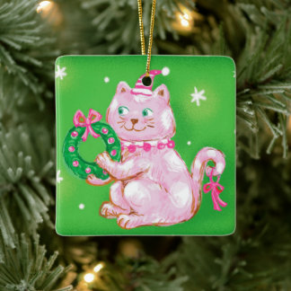 Ornamento De Cerâmica Gato de Natal de desenho animado fofo segurando gr