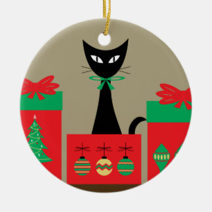 Ornamento De Cerâmica Gato de Natal de Meados do Século no Caixa