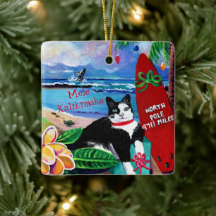 Ornamento De Cerâmica Gato de Natal do Havaí em Poipu Cerâmica