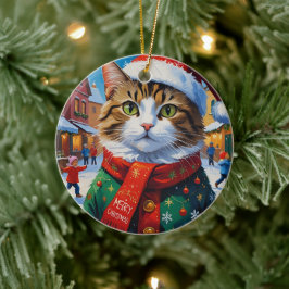 Ornamento De Cerâmica Gato de Natal Festivo com Chapéu de Papai Noel