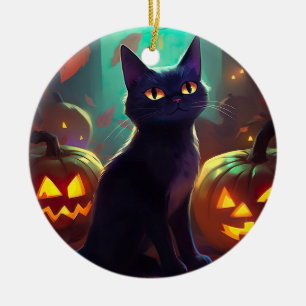 Ornamento De Cerâmica Gato de Smoking de Halloween com Abóboras Assustad