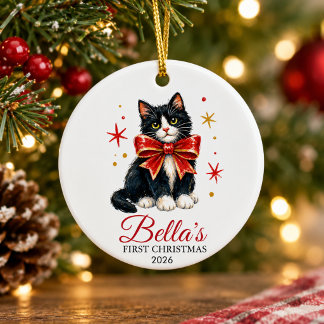 Ornamento De Cerâmica gato de smoking personalizado no primeiro natal