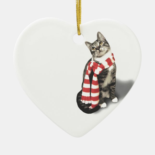 Ornamento De Cerâmica Gato de Tabby Castanho num lenço Vermelho e Branco (Frente)