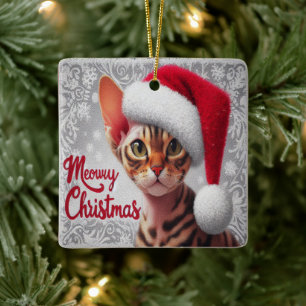 Ornamento De Cerâmica Gato Devon Rex de Natal, Gato de Papais noeis de N