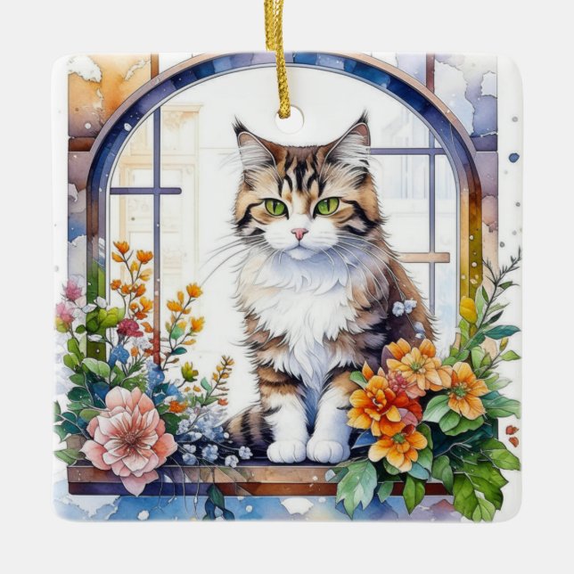 Ornamento De Cerâmica Gato distribuído na janela de flores personalizada (Frente)
