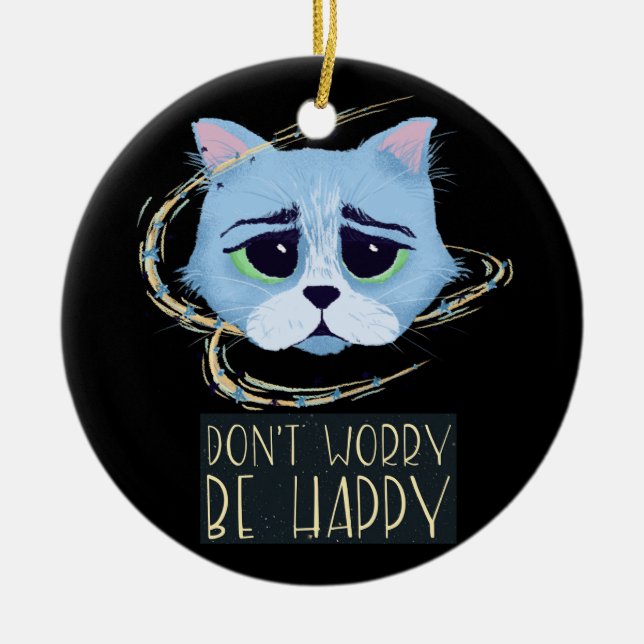 Ornamento De Cerâmica Gato do Espaço | Não se preocupe seja feliz Natal  (Frente)