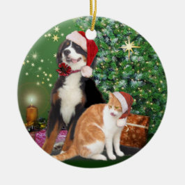 Ornamento De Cerâmica Gato e Cachorro com Papai Noel