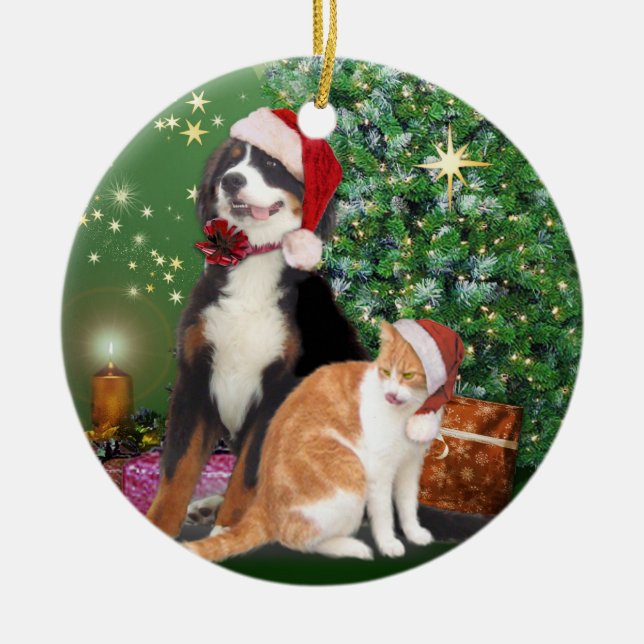 Ornamento De Cerâmica Gato e Cachorro com Papai Noel (Frente)