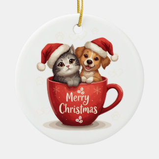 Ornamento De Cerâmica Gato e Cachorro Feliz Natal em Caneca, Pet Fofo