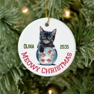 Ornamento De Cerâmica Gato e peixe dourado de cor aquática, Engraçado