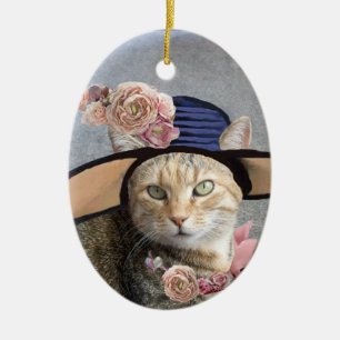 Ornamento De Cerâmica GATO ELEGANTE, GRANDE CHAPÉU DE DIVAS, ROSAS Lembr