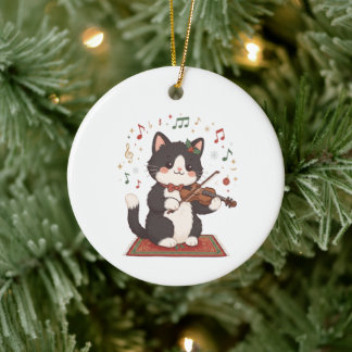 Ornamento De Cerâmica Gato Elegante Tocando Violino Natal