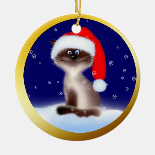 Ornamento De Cerâmica Gato em Santa Hat (Frente)