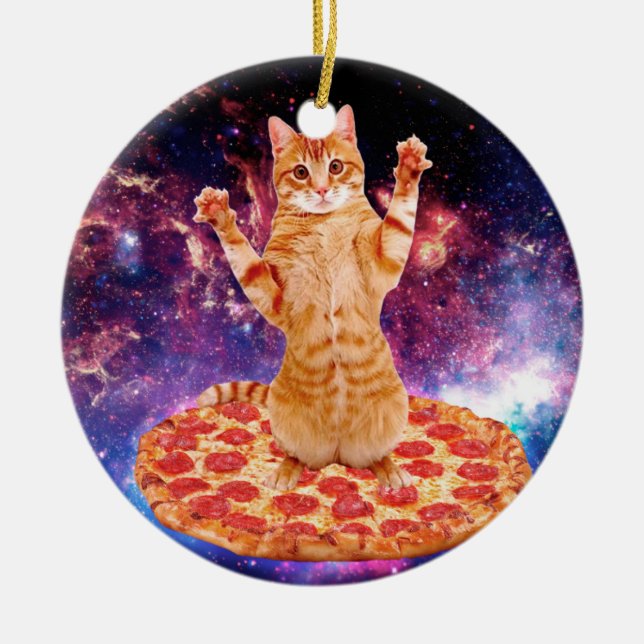 Ornamento De Cerâmica Gato espacial da pizza (Frente)