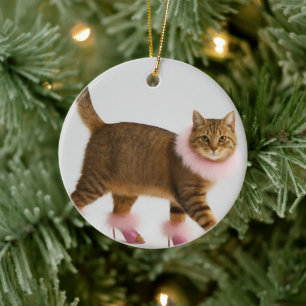 Ornamento De Cerâmica Gato Estiloso de Salto Alto Rosa e Glamour Fofo