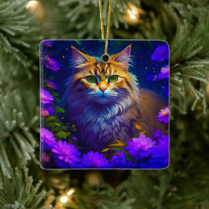 Ornamento De Cerâmica Gato Etéreo em Flores Roxas Natal
