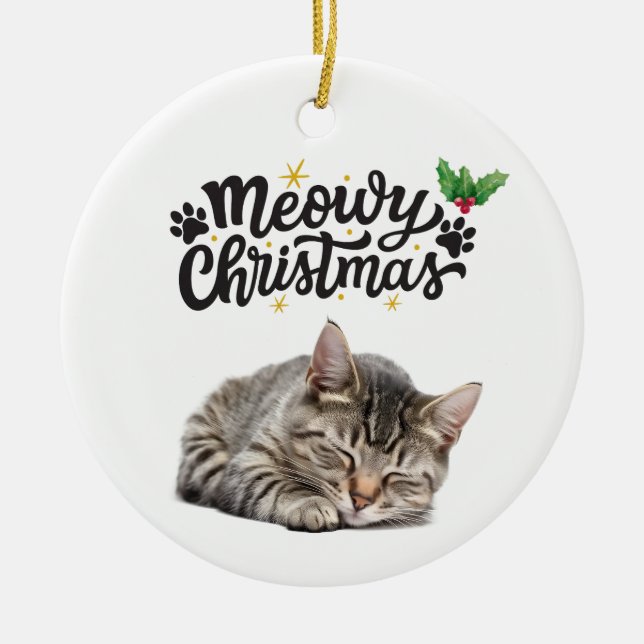 Ornamento De Cerâmica Gato Feliz De Natal Dormindo (Frente)