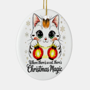 Ornamento De Cerâmica Gato Festivo com Lanternas - Ano Novo Lunar Fofo