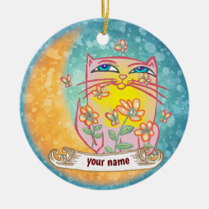 Ornamento De Cerâmica Gato Flores da Lua 