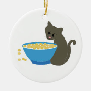 Ornamento De Cerâmica Gato Fofo ao Lado de um Prato de Comida Azul