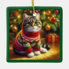Ornamento De Cerâmica Gato Fofo com uma Suéter de Natal 