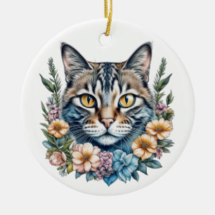 Ornamento De Cerâmica Gato Fofo de Aquarela com Flores Natal