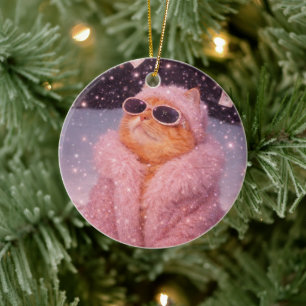 Ornamento De Cerâmica Gato Glam Money com Casaco de Pelúcia Rosa e Óculo