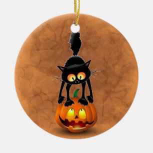 Ornamento De Cerâmica Gato Halloween Caricatura Assustada na Pumpkin