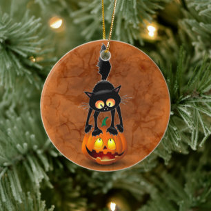 Ornamento De Cerâmica Gato Halloween Caricatura Assustada na Pumpkin