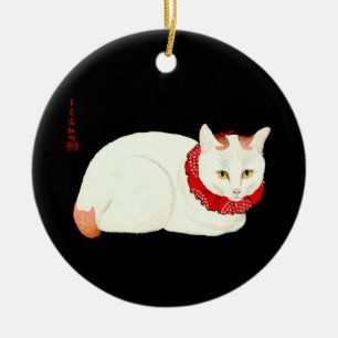 Ornamento De Cerâmica Gato Japonês Branco e Ginger