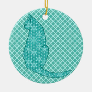 Ornamento De Cerâmica Gato japonês - impressão do quimono de turquesa