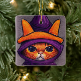 Ornamento De Cerâmica Gato Laranja com Chapéu de Bruxa Roxo