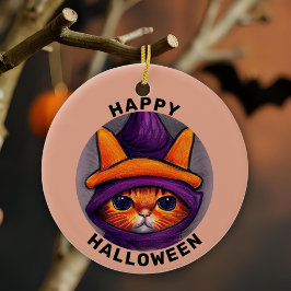 Ornamento De Cerâmica Gato Laranja com Chapéu de Bruxa Roxo Feliz Hallow