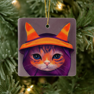 Ornamento De Cerâmica Gato Laranja com Chapéu de Bruxa Roxo Halloween