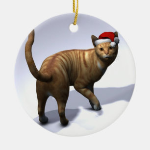 Ornamento De Cerâmica Gato Laranja com Chapéu de Papai Noel