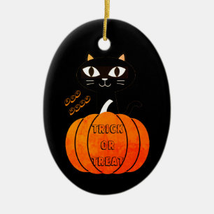 Ornamento De Cerâmica Gato Laranja e Preto Pumpkin Cute Spookie Hallowee