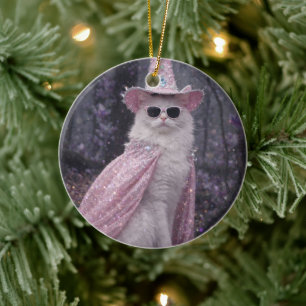 Ornamento De Cerâmica Gato Mágico Feiticeiro em Capa e Chapéu Rosa Brilh