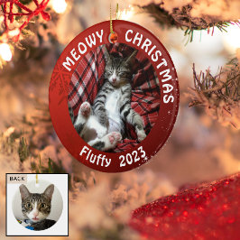 Ornamento De Cerâmica Gato "Meowy Christmas" Vermelho De 2 Lados E 2 Fot