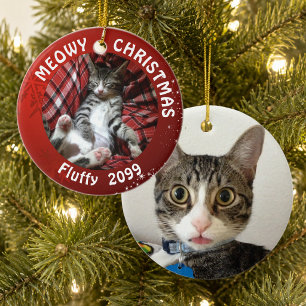 Ornamento De Cerâmica Gato "Meowy Natal" 2 Lados 2-Foto Vermelho