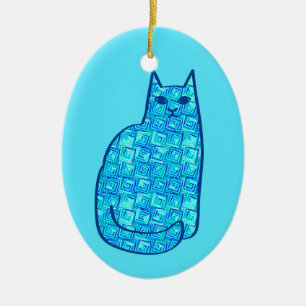 Ornamento De Cerâmica Gato Moderno do Século médio, Turquesa e Marinho