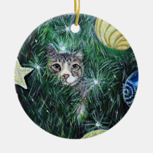 Ornamento De Cerâmica Gato na pintura da árvore de Natal