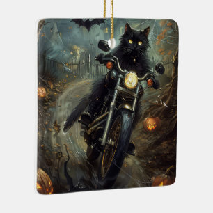 Ornamento De Cerâmica Gato Negro Andando Motocicleta Assustador