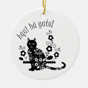Ornamento De Cerâmica Gato negro com flores e expressão portuguesa
