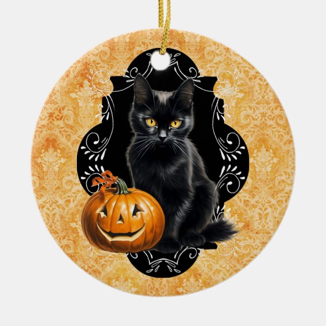 Ornamento De Cerâmica Gato Negro e Abóbora do Halloween (Frente)
