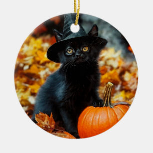 Ornamento De Cerâmica Gato Negro e Abóbora do Halloween
