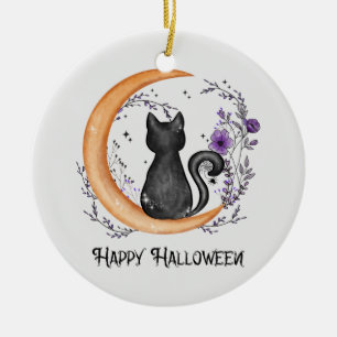 Ornamento De Cerâmica Gato Negro e Lua Crescente para Feliz Halloween