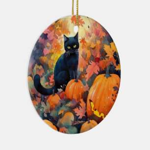 Ornamento De Cerâmica Gato Negro Halloween Com Abóboras Assustados