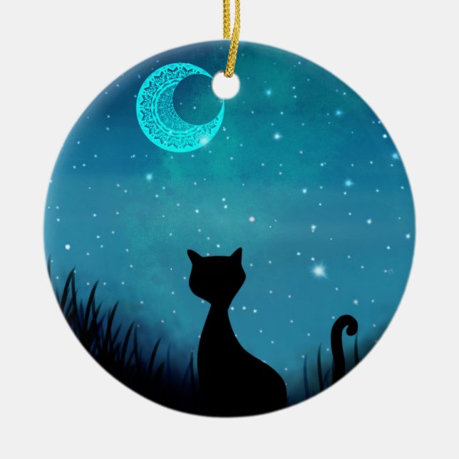 Ornamento De Cerâmica gato negro Lua crescente do céu noturno estrelado (Frente)