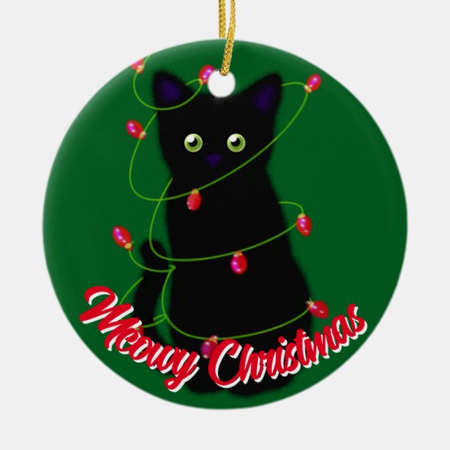 Ornamento De Cerâmica Gato negro Luzes vermelhas de Natal (Frente)