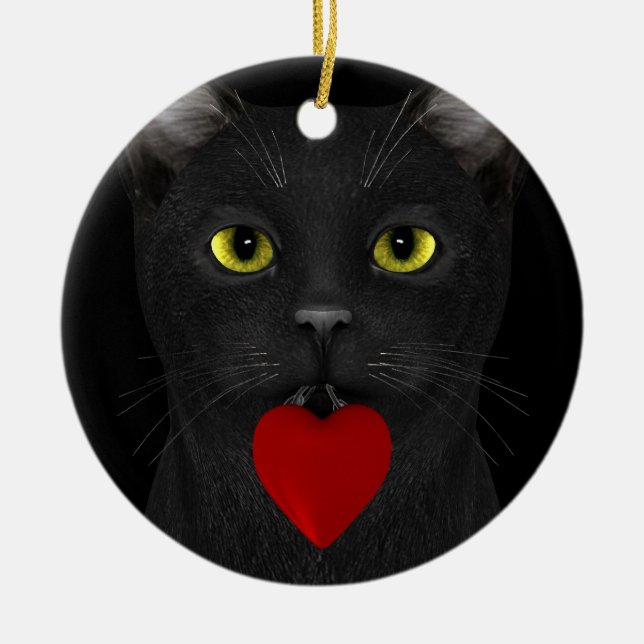 Ornamento De Cerâmica Gato Negro Trazendo Um Presente (Frente)